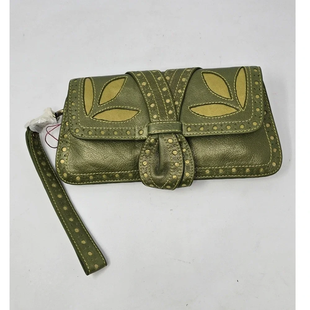 Vtg Y2K Isabella Fiore wristlet clutch women green metallic leather w/punch work